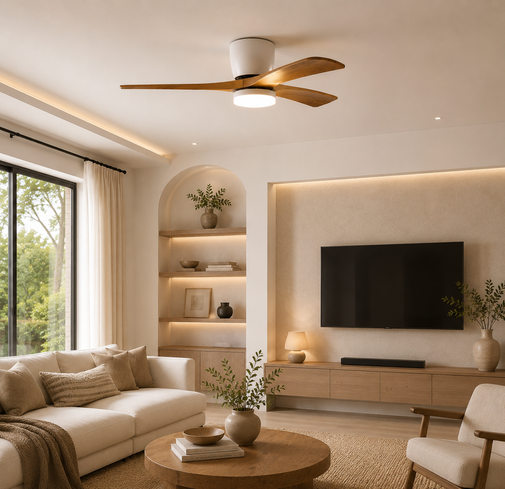 Scandinavian Wood Ceiling Fan with LED Light | Modern Flush Mount Smart Fan