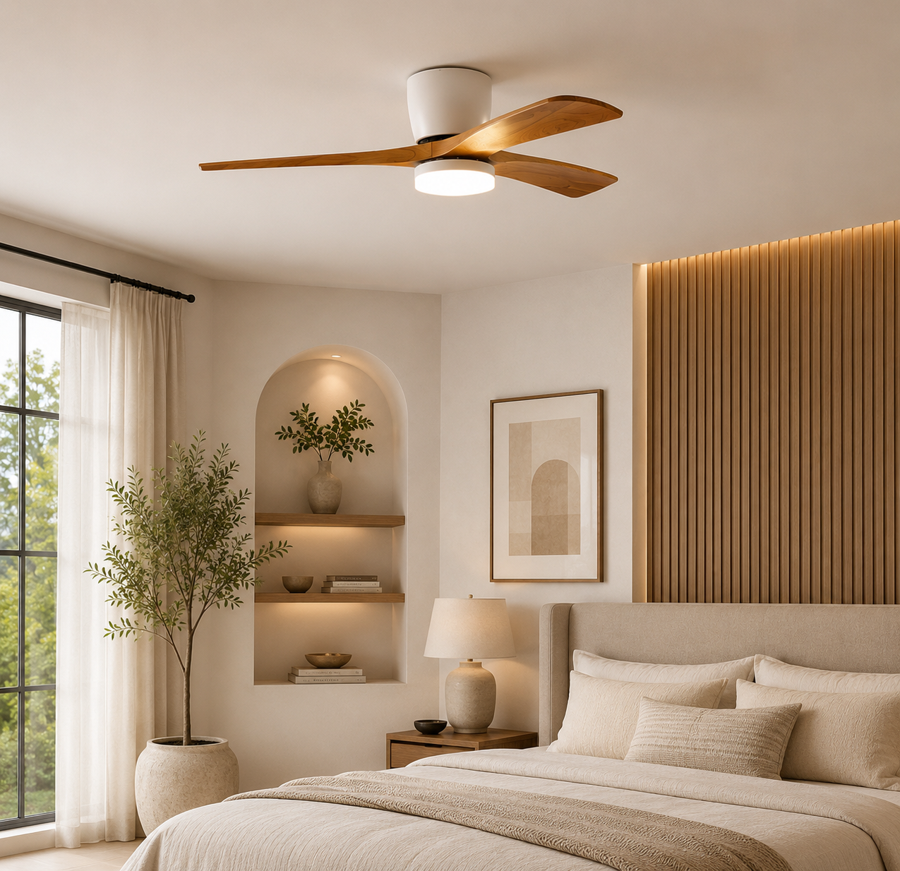 Scandinavian Wood Ceiling Fan with LED Light | Modern Flush Mount Smart Fan