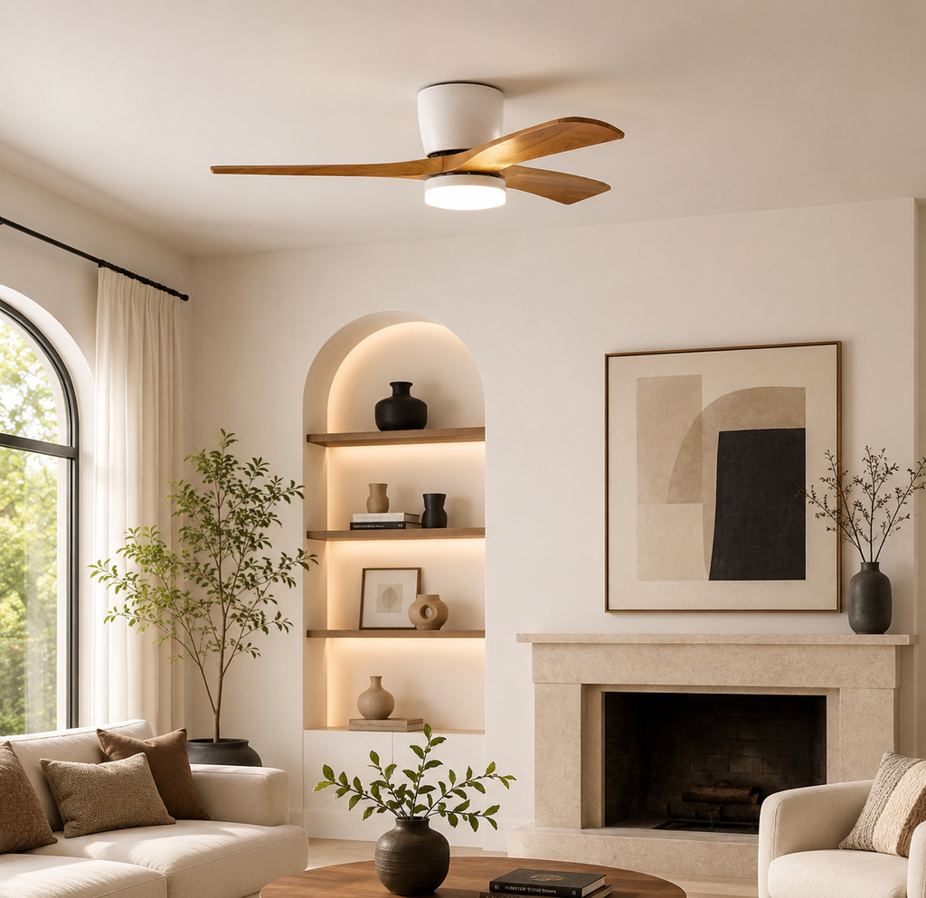 Scandinavian Wood Ceiling Fan with LED Light | Modern Flush Mount Smart Fan