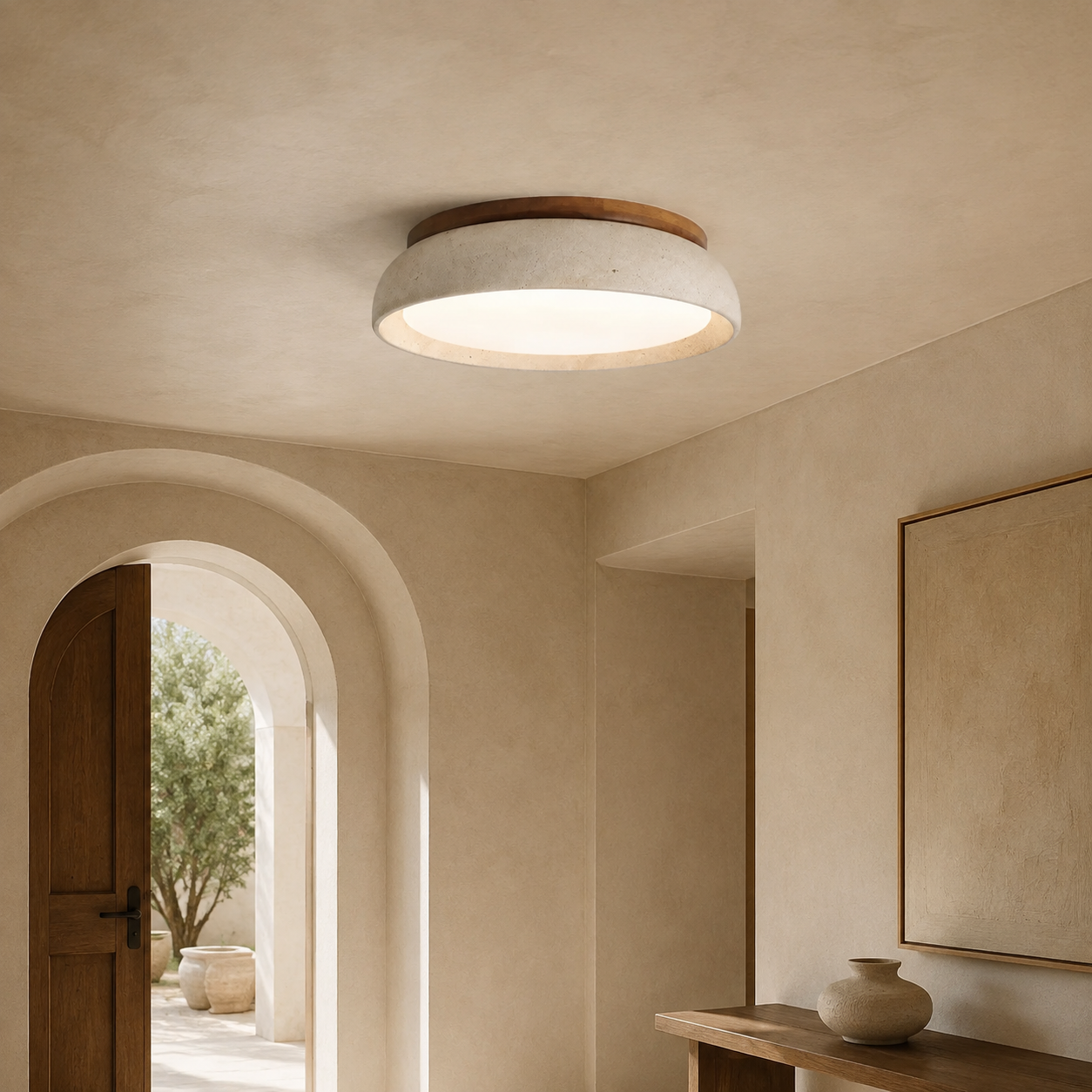 Sculptural Travertine Flush Mount Ceiling Light